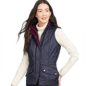 NWT Barbour Cavalry Gilet Navy Quilted Vest with burgundy fleece lining. US 8